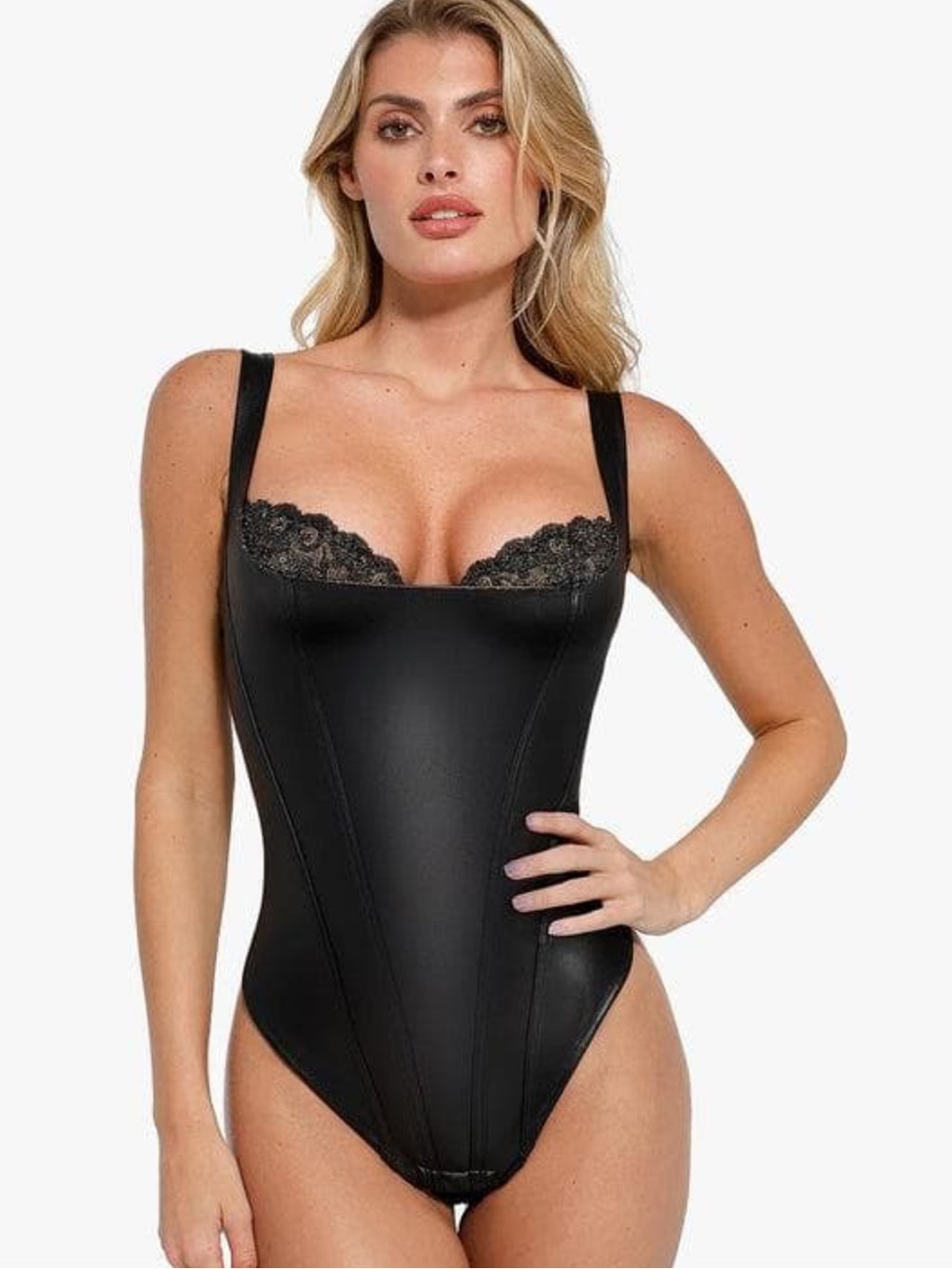 Popilush Shapewear Faux Leather Lace Balconette Sculpting Bodysuit